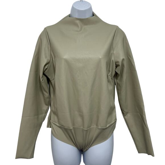 Skims Faux Leather Bodysuit Tan Snap Closure Long Sleeve Plus 2X Stretch NWT - Picture 2 of 12